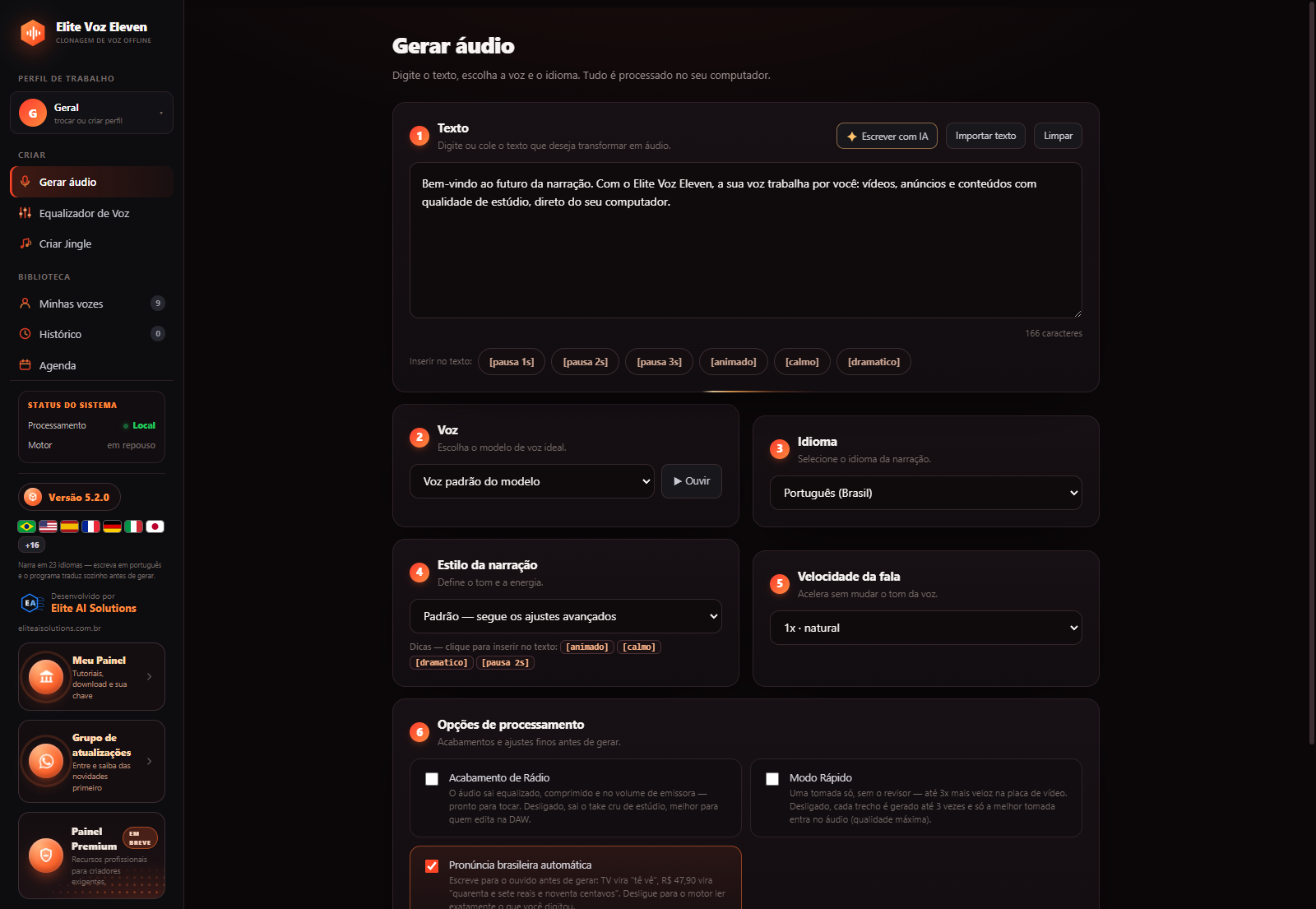 Tela real do Elite Voz Eleven 5.2 — página Gerar áudio