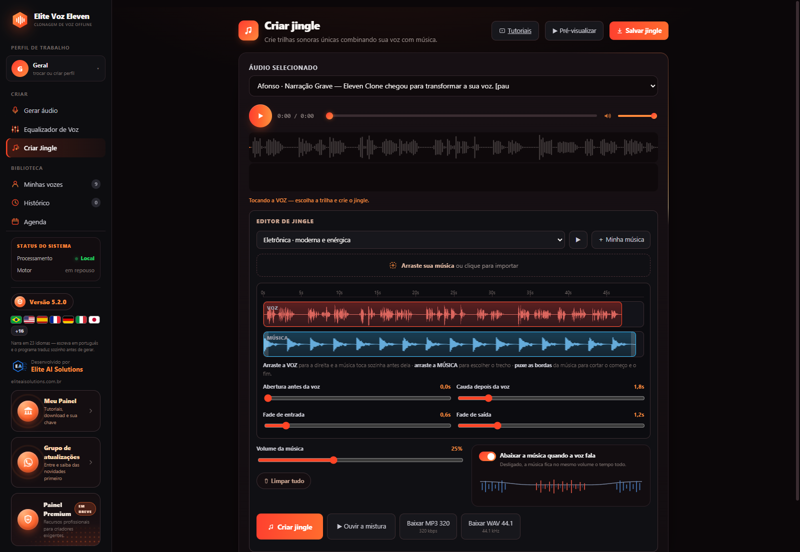 Criador de Jingles da versão 5.2 — linha do tempo de voz e música com volume automático